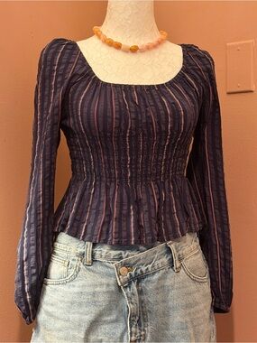 The Fifth Label Navy Striped Smocked Peplum Long-Sleeve Top
